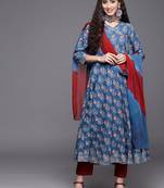 Women Blue Ethnic Motifs Printed Angrakha Gotta Patti Kurta with Trousers & With Dupatta