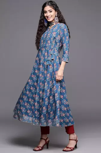 Women Blue Ethnic Motifs Printed Angrakha Gotta Patti Kurta with Trousers & With Dupatta