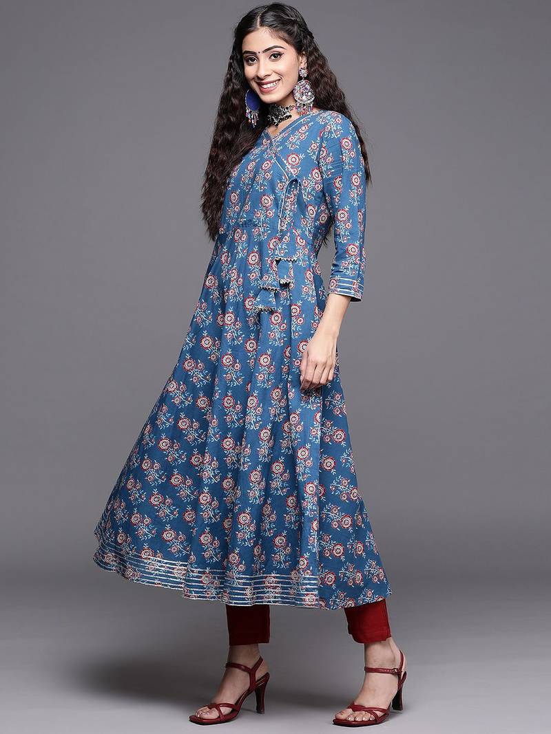 Women Blue Ethnic Motifs Printed Angrakha Gotta Patti Kurta with Trousers & With Dupatta