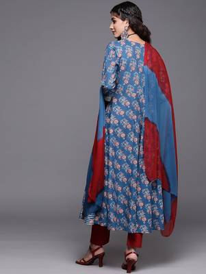 Women Blue Ethnic Motifs Printed Angrakha Gotta Patti Kurta with Trousers & With Dupatta 6