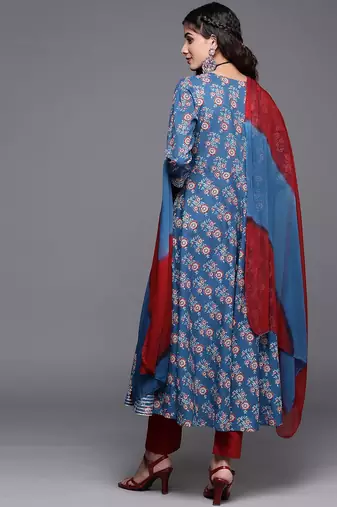 Women Blue Ethnic Motifs Printed Angrakha Gotta Patti Kurta with Trousers & With Dupatta