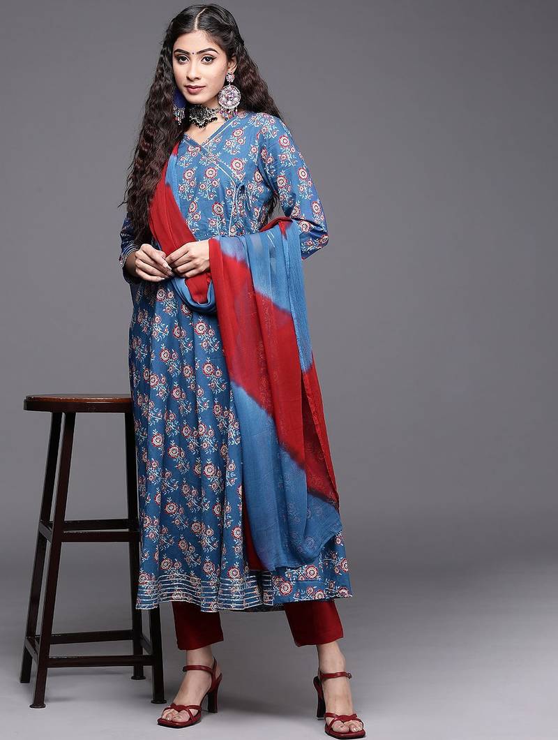 Women Blue Ethnic Motifs Printed Angrakha Gotta Patti Kurta with Trousers & With Dupatta