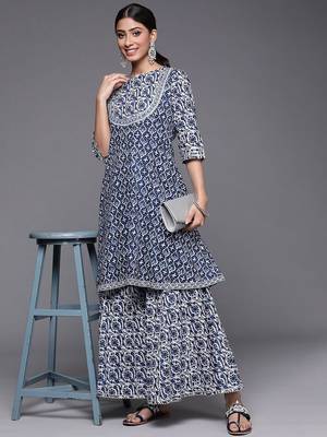 Women Blue Floral Printed Gotta Patti Pure Cotton Kurta with Sharara 1