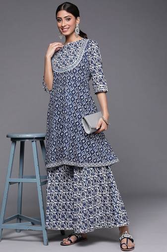 Women Blue Floral Printed Gotta Patti Pure Cotton Kurta with Sharara