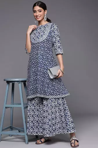 Women Blue Floral Printed Gotta Patti Pure Cotton Kurta with Sharara