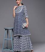 Women Blue Floral Printed Gotta Patti Pure Cotton Kurta with Sharara