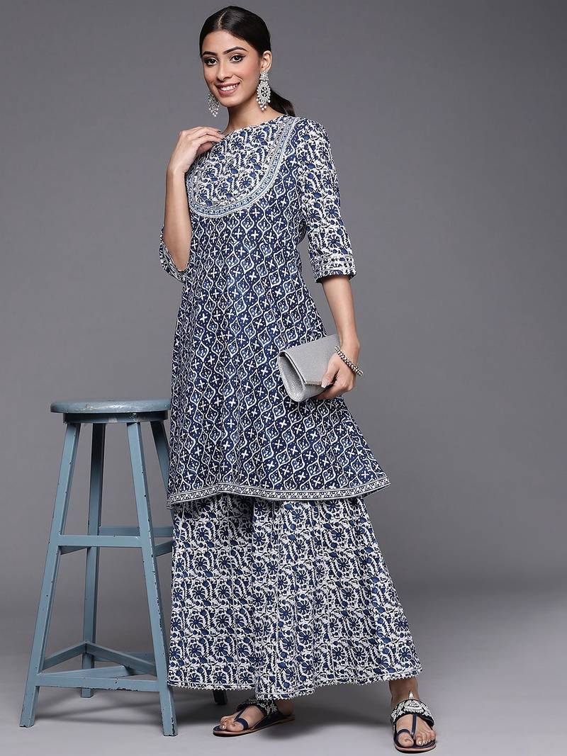 Women Blue Floral Printed Gotta Patti Pure Cotton Kurta with Sharara
