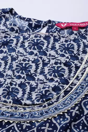 Women Blue Floral Printed Gotta Patti Pure Cotton Kurta with Sharara