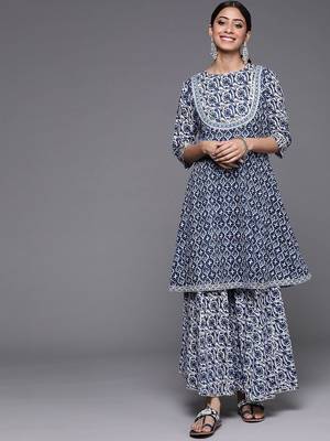 Women Blue Floral Printed Gotta Patti Pure Cotton Kurta with Sharara 4