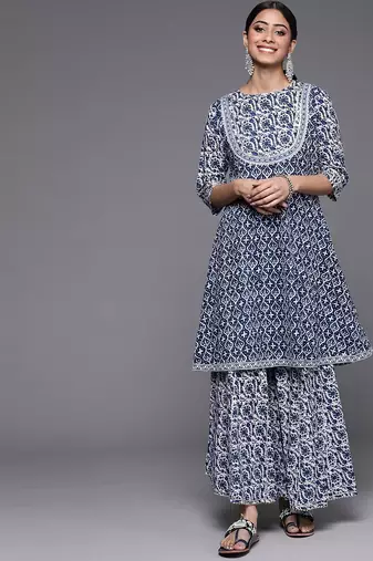 Women Blue Floral Printed Gotta Patti Pure Cotton Kurta with Sharara