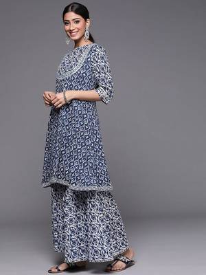 Women Blue Floral Printed Gotta Patti Pure Cotton Kurta with Sharara 5