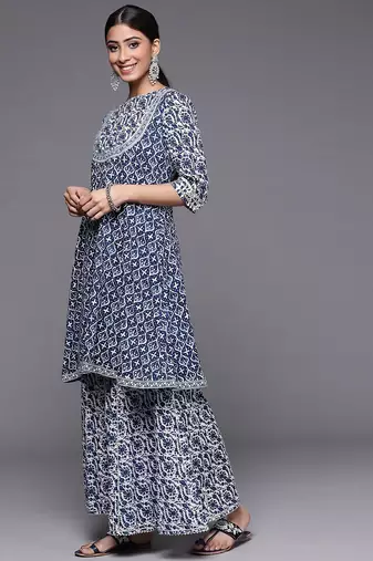 Women Blue Floral Printed Gotta Patti Pure Cotton Kurta with Sharara
