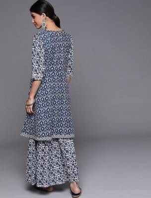 Women Blue Floral Printed Gotta Patti Pure Cotton Kurta with Sharara 6