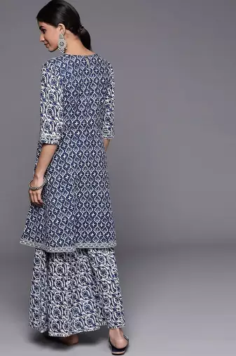 Women Blue Floral Printed Gotta Patti Pure Cotton Kurta with Sharara