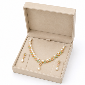 Pearl & pastel stone necklace & earrings jewellery set gold-tone finish, drop earrings included, pink & mint stones. 2