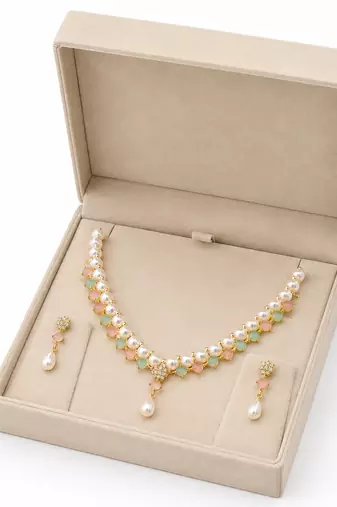 Pearl & pastel stone necklace & earrings jewellery set gold-tone finish, drop earrings included, pink & mint stones.