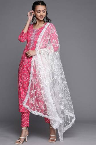 Women Pink Bandhani Printed Gotta Patti Pure Cotton Kurta with Trousers & With Dupatta