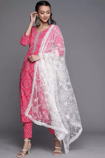 Women Pink Bandhani Printed Gotta Patti Pure Cotton Kurta with Trousers & With Dupatta