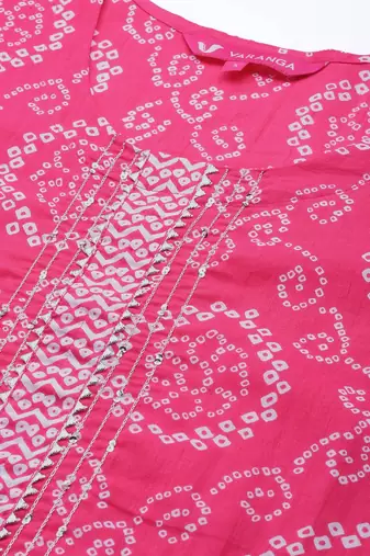 Women Pink Bandhani Printed Gotta Patti Pure Cotton Kurta with Trousers & With Dupatta