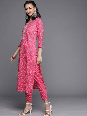 Women Pink Bandhani Printed Gotta Patti Pure Cotton Kurta with Trousers & With Dupatta 5