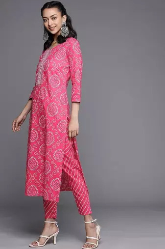 Women Pink Bandhani Printed Gotta Patti Pure Cotton Kurta with Trousers & With Dupatta