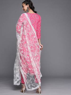 Women Pink Bandhani Printed Gotta Patti Pure Cotton Kurta with Trousers & With Dupatta 6