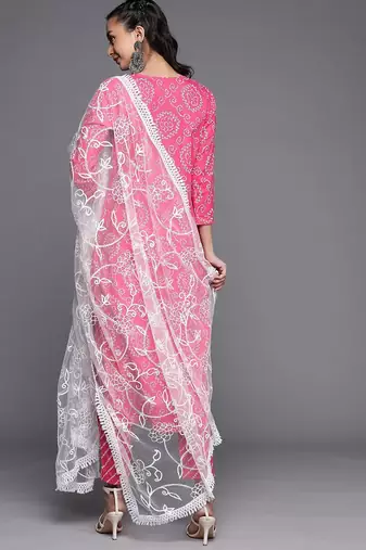 Women Pink Bandhani Printed Gotta Patti Pure Cotton Kurta with Trousers & With Dupatta
