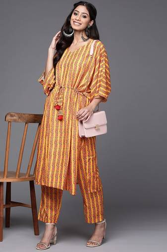 Women Mustard Yellow & Pink Ethnic Motifs Printed Pure Cotton Kurta with Trousers