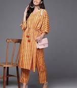 Women Mustard Yellow & Pink Ethnic Motifs Printed Pure Cotton Kurta with Trousers