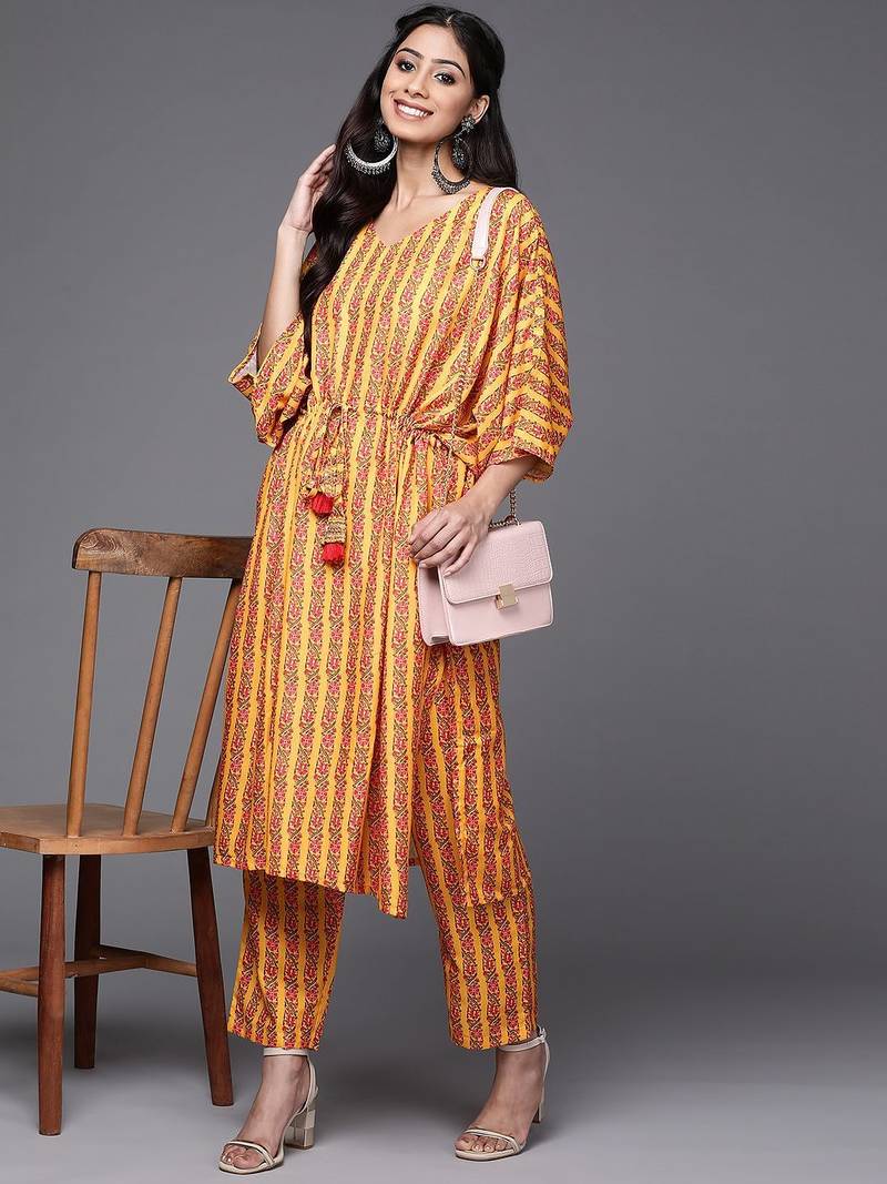 Women Mustard Yellow & Pink Ethnic Motifs Printed Pure Cotton Kurta with Trousers