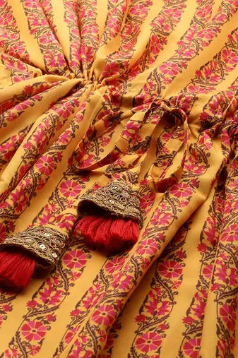 Women Mustard Yellow & Pink Ethnic Motifs Printed Pure Cotton Kurta with Trousers