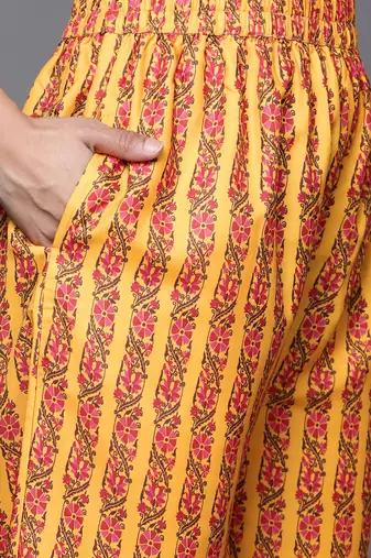 Women Mustard Yellow & Pink Ethnic Motifs Printed Pure Cotton Kurta with Trousers
