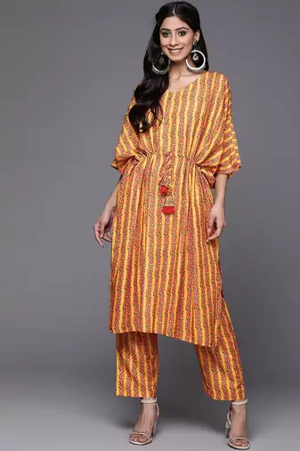 Women Mustard Yellow & Pink Ethnic Motifs Printed Pure Cotton Kurta with Trousers