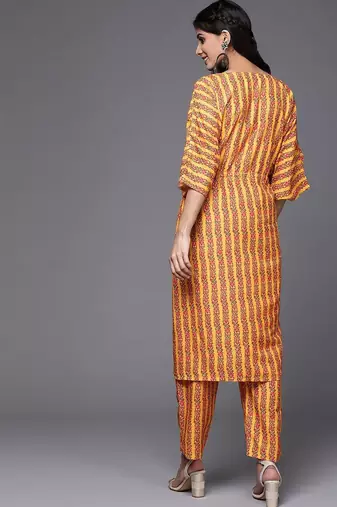 Women Mustard Yellow & Pink Ethnic Motifs Printed Pure Cotton Kurta with Trousers