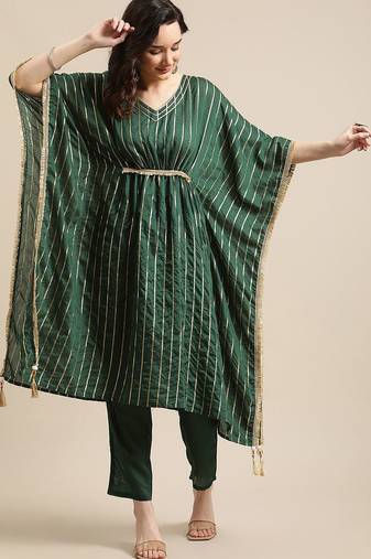 Green & Gold-Coloured Gotta Patti Kaftan Kurta With Trouser