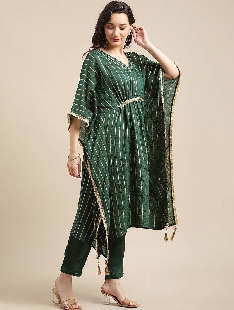 Green & Gold-Coloured Gotta Patti Kaftan Kurta With Trouser