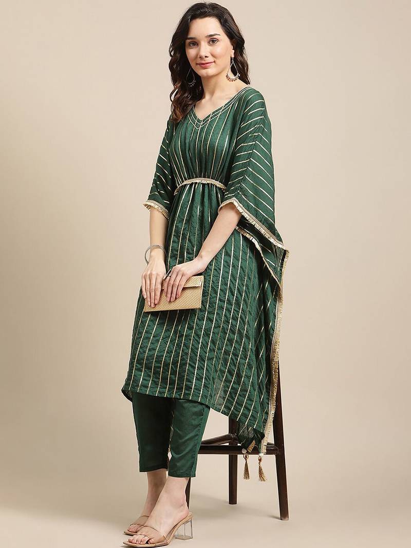 Green & Gold-Coloured Gotta Patti Kaftan Kurta With Trouser