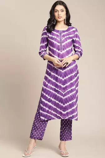 Women Violet Printed Panelled Kurta with Trousers