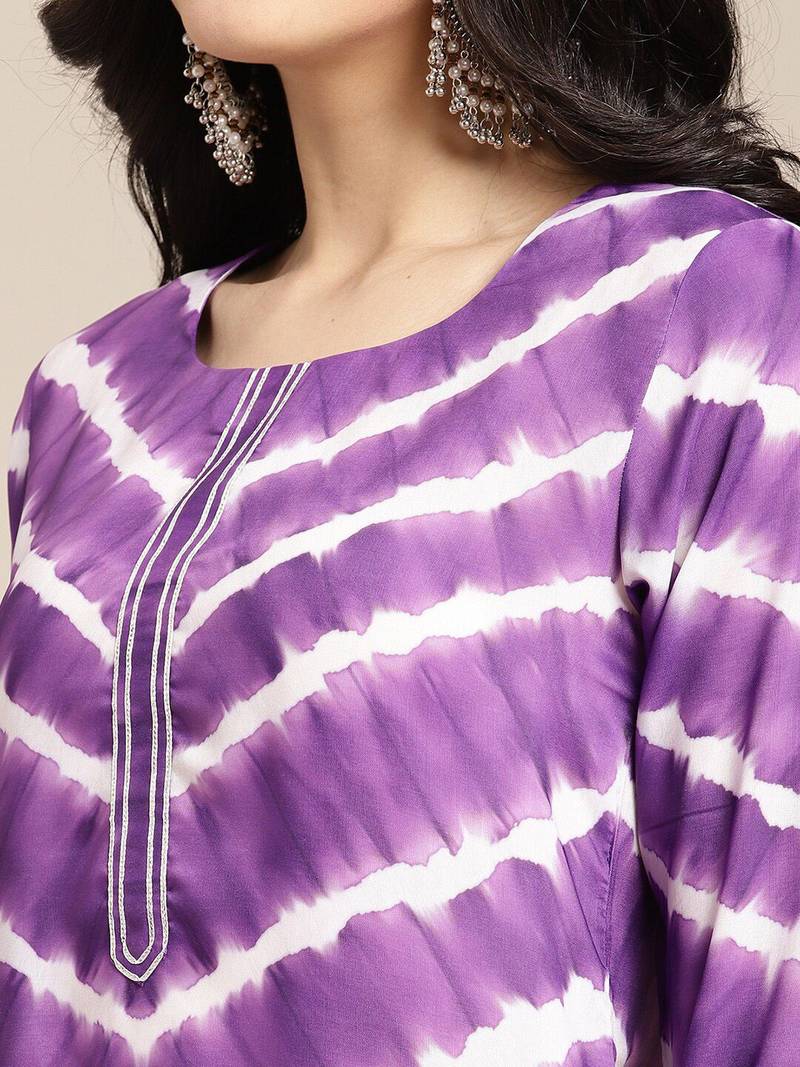 Women Violet Printed Panelled Kurta with Trousers