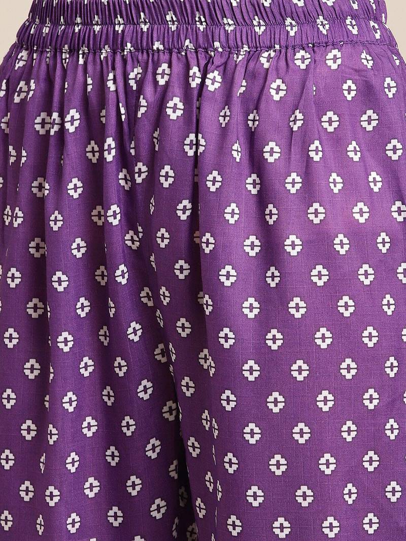 Women Violet Printed Panelled Kurta with Trousers