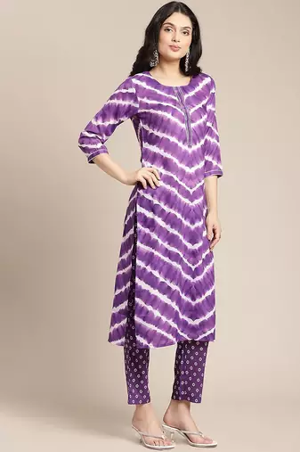 Women Violet Printed Panelled Kurta with Trousers