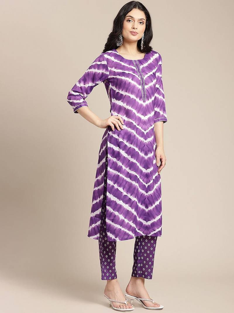 Women Violet Printed Panelled Kurta with Trousers
