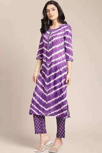Women Violet Printed Panelled Kurta with Trousers