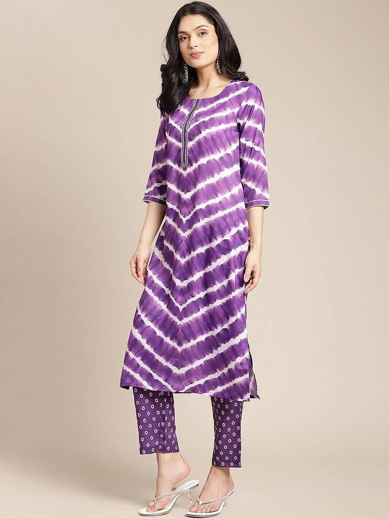 Women Violet Printed Panelled Kurta with Trousers