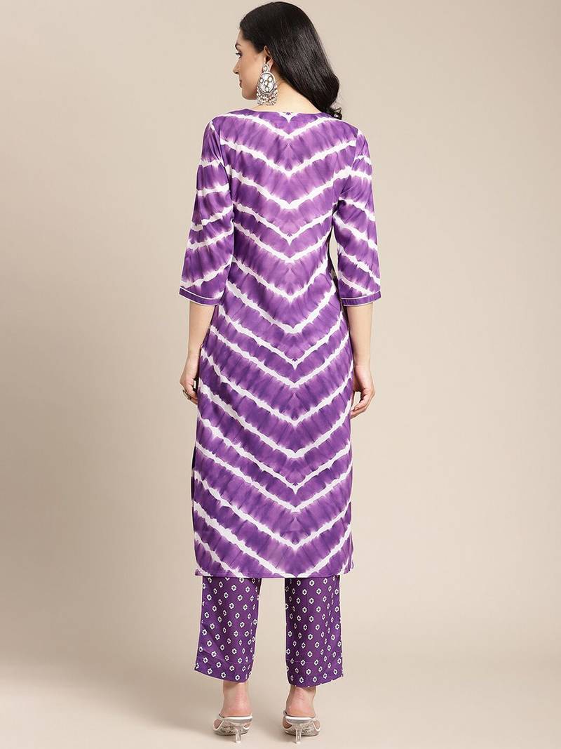 Women Violet Printed Panelled Kurta with Trousers
