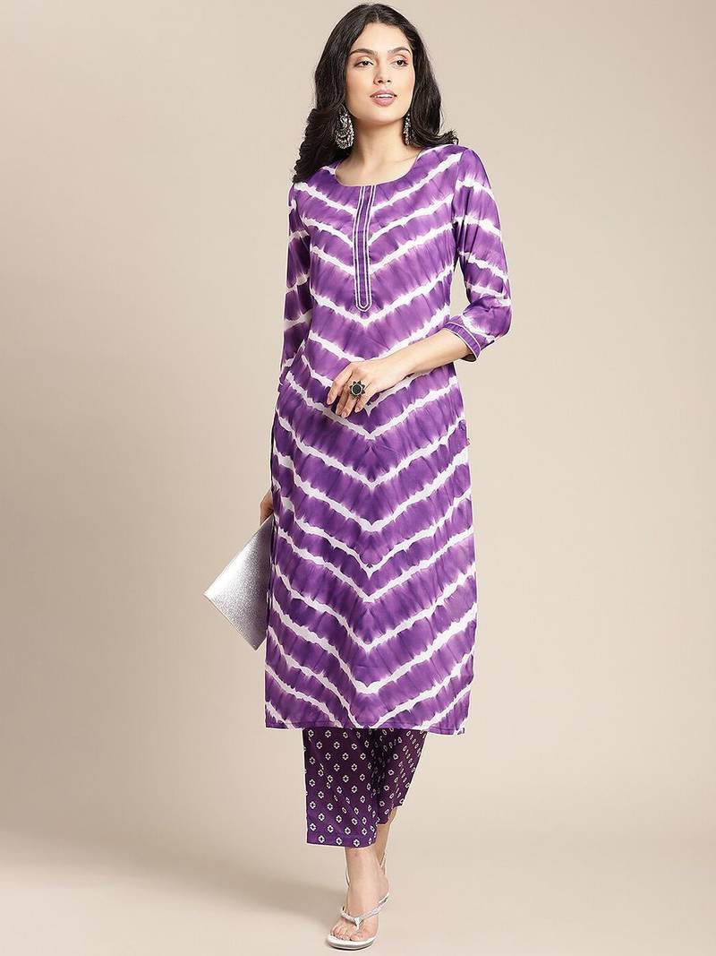 Women Violet Printed Panelled Kurta with Trousers