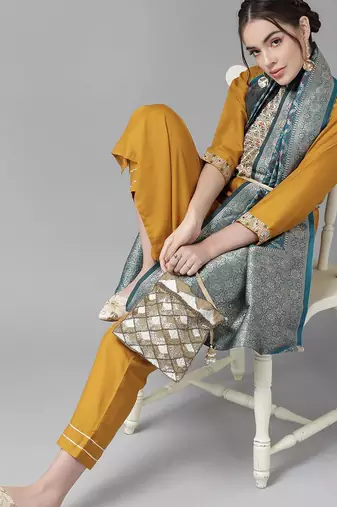 Creamy Mustard Yoke Design Kurta Set