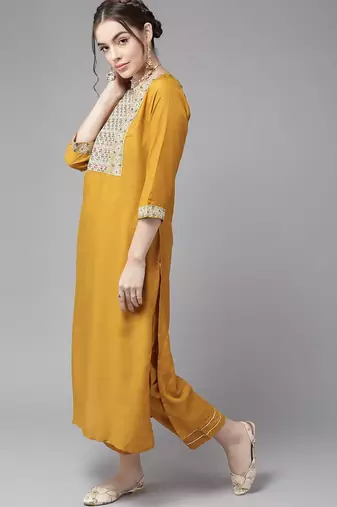 Creamy Mustard Yoke Design Kurta Set