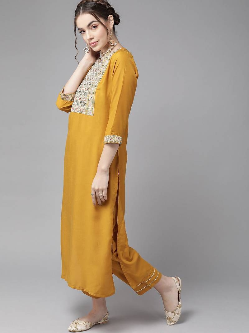 Creamy Mustard Yoke Design Kurta Set