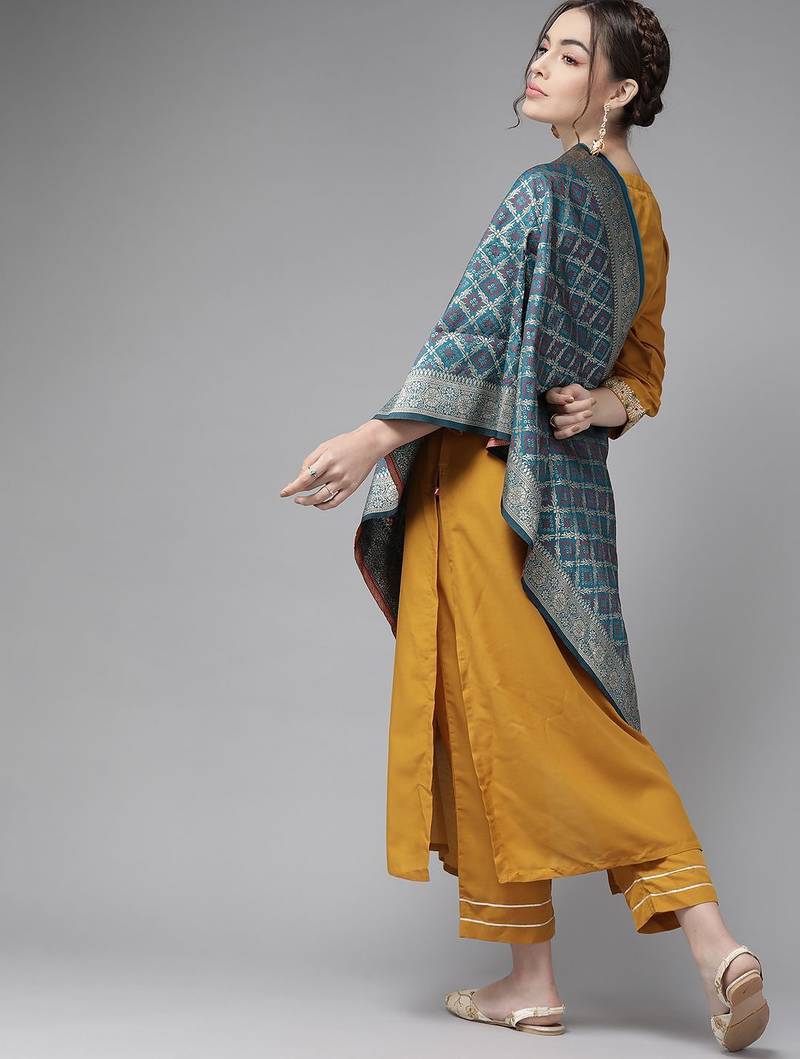 Creamy Mustard Yoke Design Kurta Set